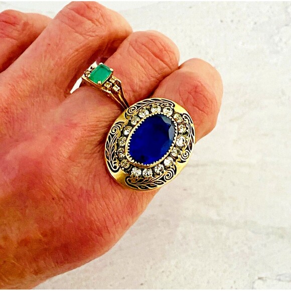 Vintage Belle Epoque Simulated Sapphire Diamond Ring with Paste Stones Sz 6.75 - Picture 7 of 7